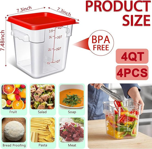 4 Pack 4QT Food Storage Containers with Red Lids, Clear Square Restaurant Commercial Food Storage Containers with Handle and Scale, Marinating Container Dough Rising Bucket for Home & Dining