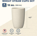Wrova Wheat Straw Cups 6 PCS Good Alternative to Plastic Reusable Cups 12 oz Unbreakable Drinking Cup Reusable Dishwasher Safe Water Plastic Glasses Beige