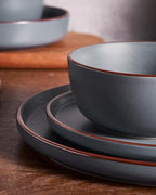 Famiware Mercury Plates and Bowls Sets, 12 Pieces Stoneware Dinnerware Sets, Dishes Set for 4, Microwave and Dishwasher Safe, Charcoal