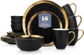 Stone Lain Florian Modern Porcelain 16 Piece Dinnerware Set, Plates and Bowls Set, Dish set for 4, Black And Golden Rim