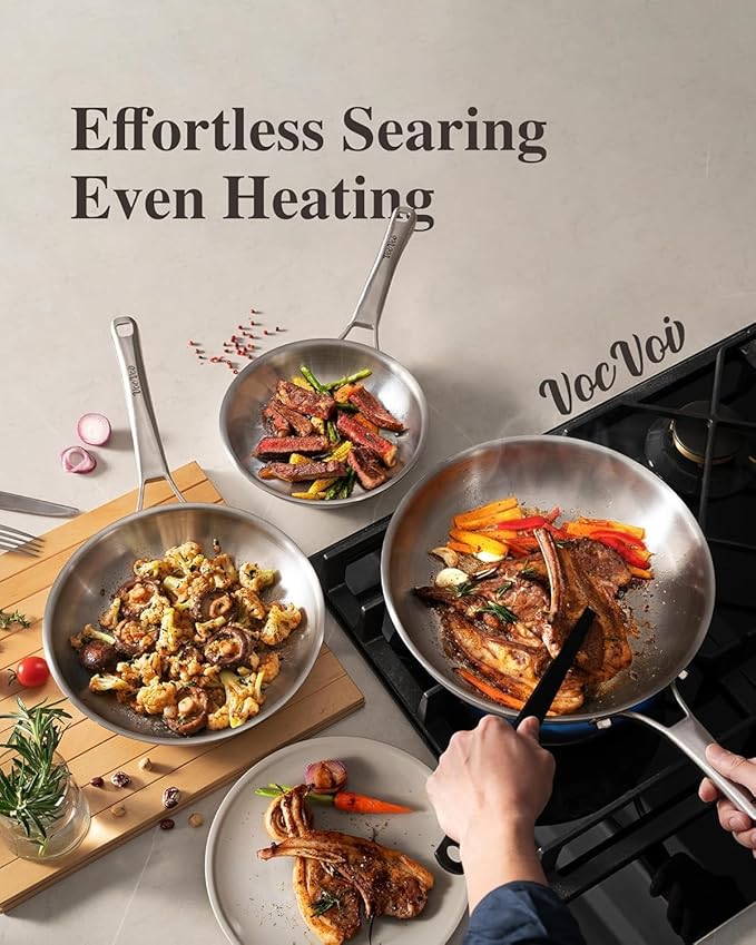 Stainless Steel Pan, PFOA & PTFE Free 12 Inch Tri-Ply Chef's Frying Pan, Dishwasher & Oven Safe Cookware, skillet Compatible with Induction, Ceramic & Gas Cooktops