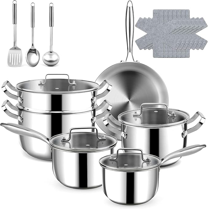 Stainless Steel Cookware Set - 20 PCS Pots and Pans Set with 3-Ply Stainless Steel Frying Pan, Professional Kitchen Cooking Set, Induction Compatible, Oven & Dishwasher Safe