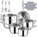 Stainless Steel Cookware Set - 20 PCS Pots and Pans Set with 3-Ply Stainless Steel Frying Pan, Professional Kitchen Cooking Set, Induction Compatible, Oven & Dishwasher Safe