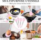 TeamFar Kitchen Utensils, 4 PCS Silicone Cooking Utensils Spatula Spoon Set with Stainless Steel Handle, for Frying Mixing Draining Turning, Healthy & Heat-proof, Non-stick & Dishwasher Safe - Pink