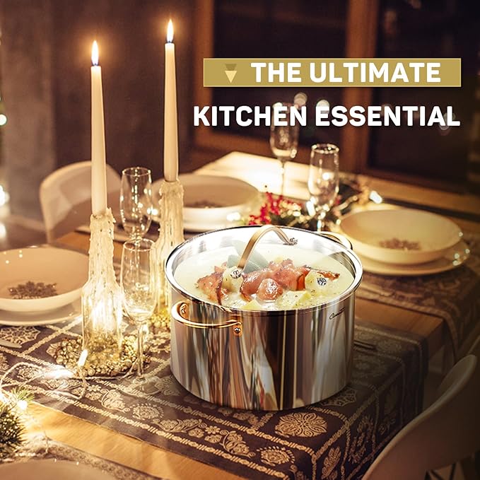 Stock Pot 20 Quart, 3 Ply Stainless Steel Stock Pot with Lid, 20 Quart Soup Pot with Copper Handle, Healthy Stockpots, Induction, Oven, Gas and Dishwasher Safe