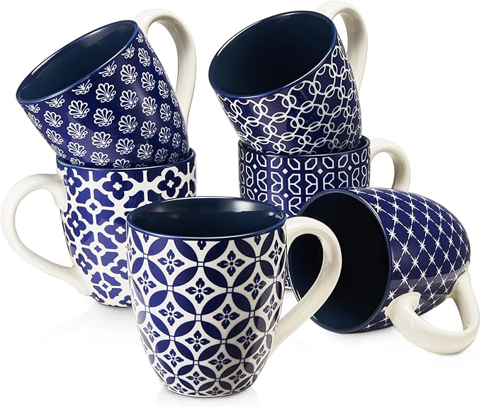 DOWAN Coffee Mugs Set of 6, 16 oz Large Porcelain Coffee Cups with Handle for Coffee Tea and Cocoa, Ceramic Coffee Mug for Women Men, Housewarming Wedding Gift, Vintage Blue