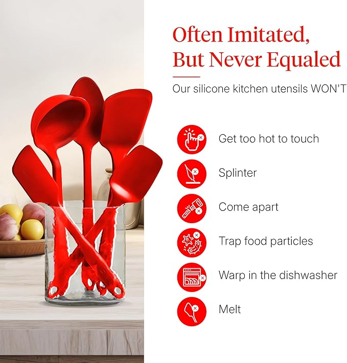 GIR 5-Piece Silicone Kitchen Utensils Set, Non-Toxic Cooking Utensils for Cooking and Baking, Heat Resistant, Food Grade, Dishwasher Safe Rubber Spatula, Ladle, Spoon - Fire Red