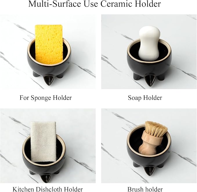 Ceramic Sponge Holder with Drainage, Modern Black Sink Caddy Organizer, Sponge Dish Rack for Soap, Brushes, Keeps Countertop Dry, Kitchen Sink Accessory