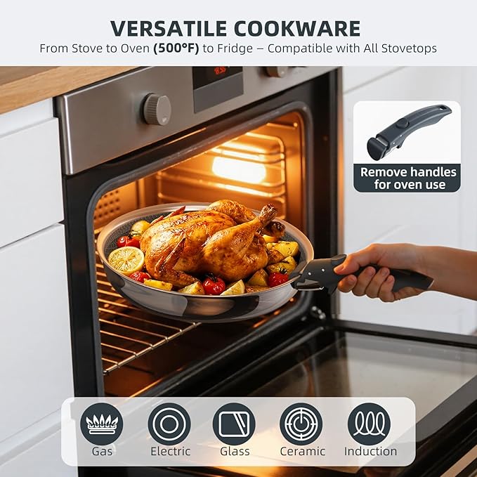 Hybrid Non Stick Frying Pans Set 4-Piece, 8 & 9.5 Inch Tri-Ply Stainless Steel Pans with Lid and Detachable Handle, PFOA Free Skillets for All Cooktops, Dishwasher & Oven-Safe Cookware Set