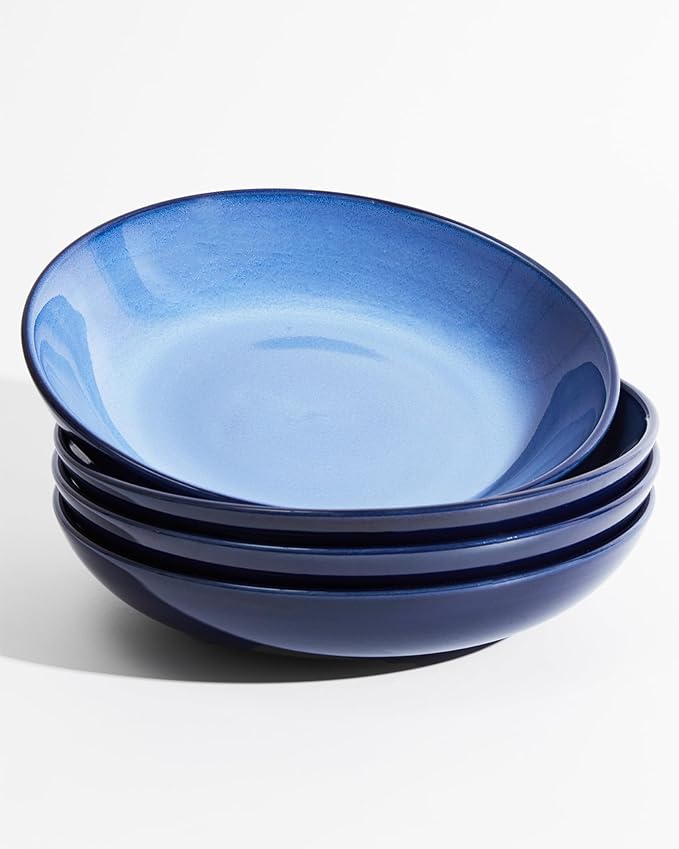 Pokini Ceramic Pasta Bowl Set of 4, 32 Oz Large Salad Bowls for Serving, Microwave & Dishwasher Safe Soup Bowls for Kitchen, Light Blue Stoneware Bowl Set