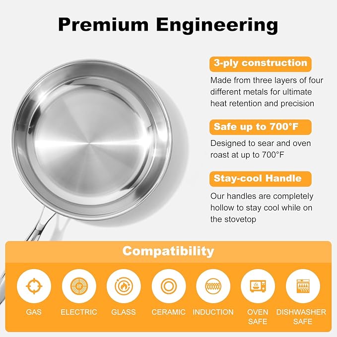 Stainless Steel Pan，Non-Toxic PFAS, PFOA & PTFE Free, Compatible With All Cooktops & Induction Safe, Oven Safe Pan for Searing & Sautéing, Long Lasting Cookware. (12 Inch)