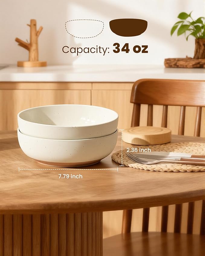 Metflavor Pasta Bowls Set of 8, 34oz Speckled Ceramic Bowls Set for Serving Salad, Pasta, Soup, Dinner, 8" Wide and Deep Bowls, Dishwasher & Microwave Safe, Matte Terracotta Base (Warm White)