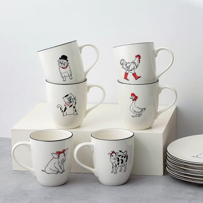 LEHAHA Farmhouse Coffee Mugs Set,16 OZ Animal Large Ceramic Mugs with Handle, Set of 6, Christmas Porcelain Cups for Coffee, Tea, Cocoa, Office and Home Use, Practical Gift, Assorted Design