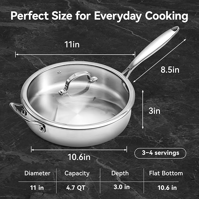 WANGYUANJI 11" Stainless Steel Saute Pan with Lid for 3-4 Servings, 4.7 QT Tri-Ply Deep Frying Pan & Extra Large Skillet, 18/10 (304) Induction Cookware, Oven Safe