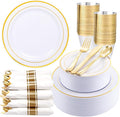 WDF Partyware 350Piece Gold Dinnerware Set for 50 Guests - Gold Plastic Plates with Disposable Cutlery - 50Dinner Plates-50Dessert Plates-50Pre Rolled Napkins with Silverware for Wedding/Mother's Day