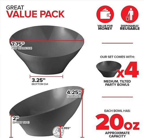 20oz Black Plastic Serving Bowls (4 Pack) Medium Disposable Snack Bowl Candy Dishes, Buffet Containers for Chips, Popcorn, Snacks, Mints, Salad Bar, Parties, Office Desk, Bridal Shower, Party Supplies