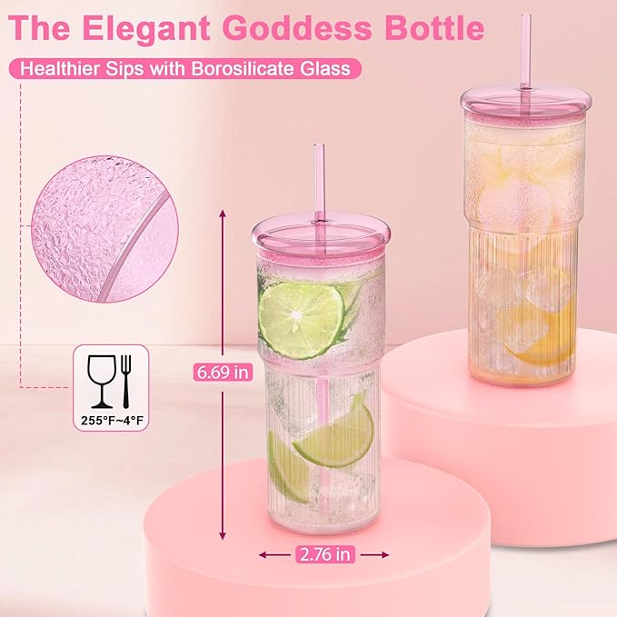 Luiaiog 20oz Glass Cups with Lids and Straws - Set of 4 Reusable Tumblers, Thickened Shatter-Resistant Glass, Ideal for Iced Coffee, Smoothies, Cocktails, Juices - Elegant & Durable Drinkware (Pink)