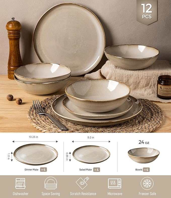 GBHOME Stoneware Dinnerware Sets for 4, 12 Pieces Rustic Ceramic Plates and Bowls Set, Handmade Reactive Glaze, Highly Chip Resistant Dishes, Microwave & Dishwasher Safe, Oatmeal Linen