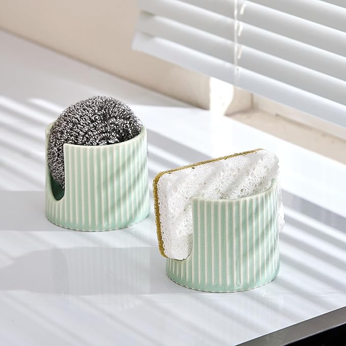 Ceramic Sponge Holder for Kitchen Sink, Quick Dry Sink Caddy Organizer with Non-Slip Base, Farmhouse Sponge and Brush Holder for Countertop, Bathroom or Kitchen, Vintage Green