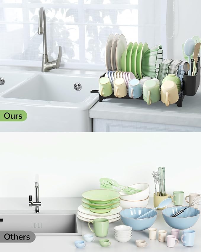 ULG Dish Drying Rack with Drainboard, Dish Rack for Kitchen Counter, Rustproof Dish Drainer with Detachable Utensil Holder, Adjustable Swivel Spout Dish Strainers, Black