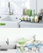 ULG Dish Drying Rack with Drainboard, Dish Rack for Kitchen Counter, Rustproof Dish Drainer with Detachable Utensil Holder, Adjustable Swivel Spout Dish Strainers, Black
