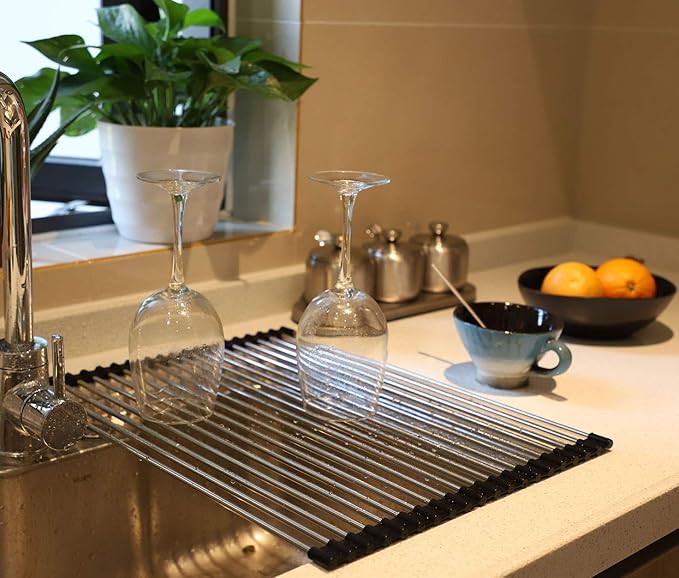 Ahyuan Roll up Dish Drying Rack Over The Sink Kitchen Roll up Sink Drying Rack Stainless Still Portable Drainer Foldable Dish Rack (Black, 17.8''X13.5'')