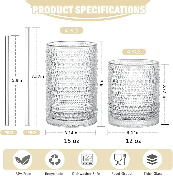 Vintage Hobnail Drinking Glasses Set of 8, 15oz & 12oz Embossed Highball Cups for Cocktails, Whiskey, Beer, Juice with Straws