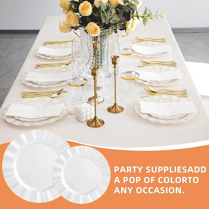 175PCS Gold and White Plastic Dinnerware Set, Plastic Party Plates for 25 Guests, 50 Disposable Plates, 25 Heavy Duty Silverware, 25 Cups, 25 Napkins for Party and Wedding