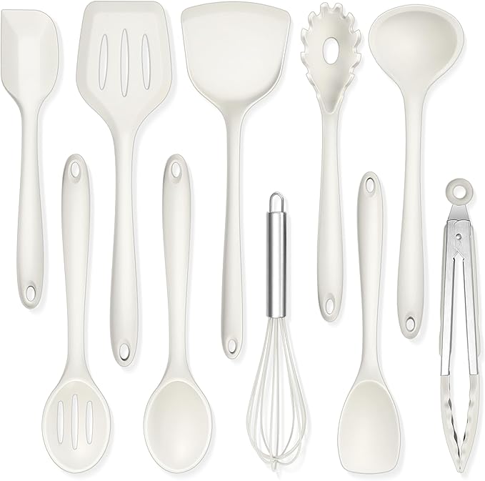 TeamFar Kitchen Cooking Utensils, 10 pcs Silicone Cooking Utensils Set, 446°F Heat Resistant Kitchen Gadgets Tools Set w/Spatula, Turners, Spoons, Soup Ladle, Pasta Server for Nonstick Cookware, White