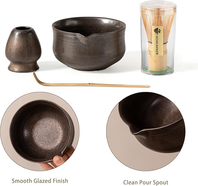 Matcha Set, Japanese Tea Set Includes Matcha Bowl with Spout, Matcha Whisk Holder (chasen), Bamboo Matcha Whisk and Bamboo Scoop, Ceramic Matcha Kit for Tea Lovers
