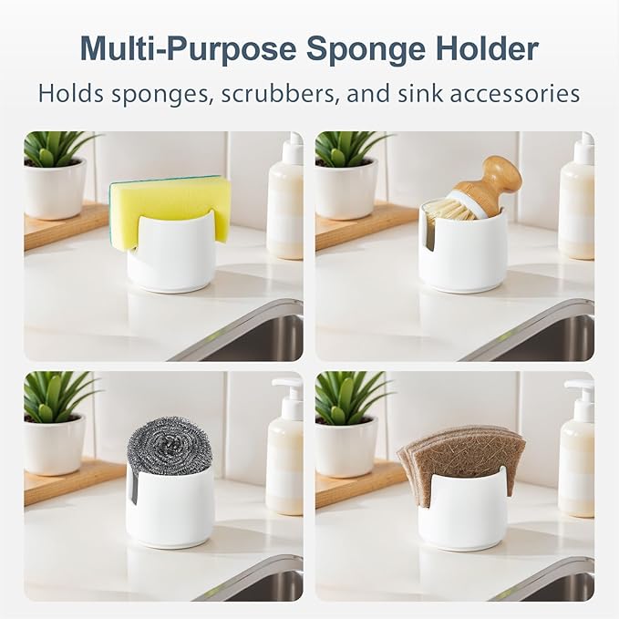 ONEMORE Ceramic Sponge Holder for Kitchen Sink, Kitchen Sink Organizer with Drain, Dish Sponge and Soap Holder for Sink Counter, Cute Corner Ceramic Sponge Holder, In Sink Sponge Storage, White