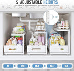 Under Sink Organizer Upgrade To Professional Rails,2-Tier Dual Pull Out Cabinet Storage,Height Adjustable Slide Out Drawers For Bathroom Kitchen,2 Pack-21"Dx12.8"-16.9"H,White
