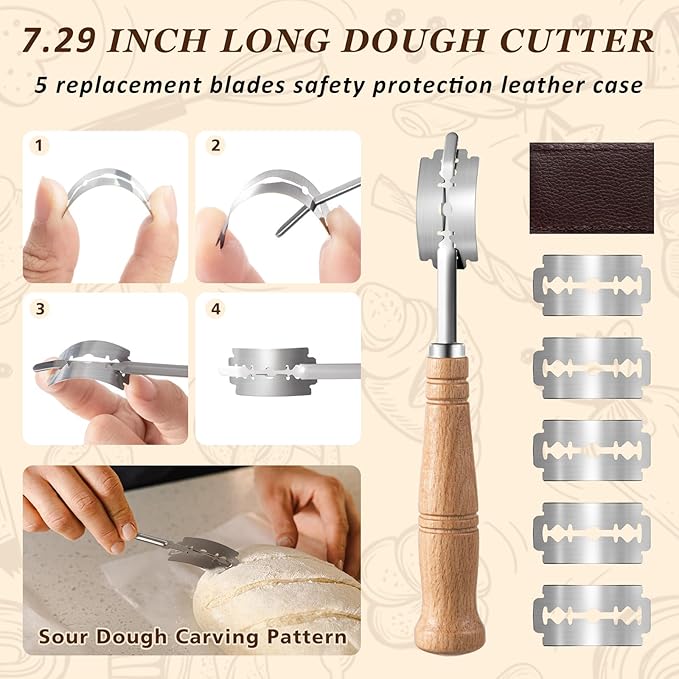 4 Pcs Danish Dough Whisk Set, Include Wooden Danish Dough Whisk, Skinny Spurtle for Sourdough Starter, Doughs Scraper Sourdough Cutter, Doughs Scoring Tool Blades, Bread Making Tools Supplies