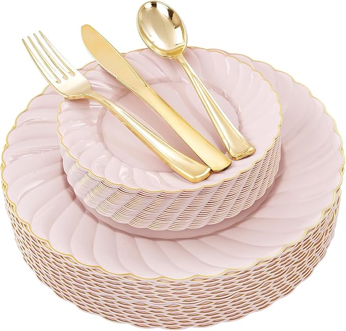 YOUBET 125Pcs Pink Plastic Plates with Gold Rim - Scalloped Plastic Plates Set Includes 25 Dinner, 25 Dessert Plate, 75 Gold Silverware for 25Geusts for Wedding Birthday Baby Shower Mothers Day