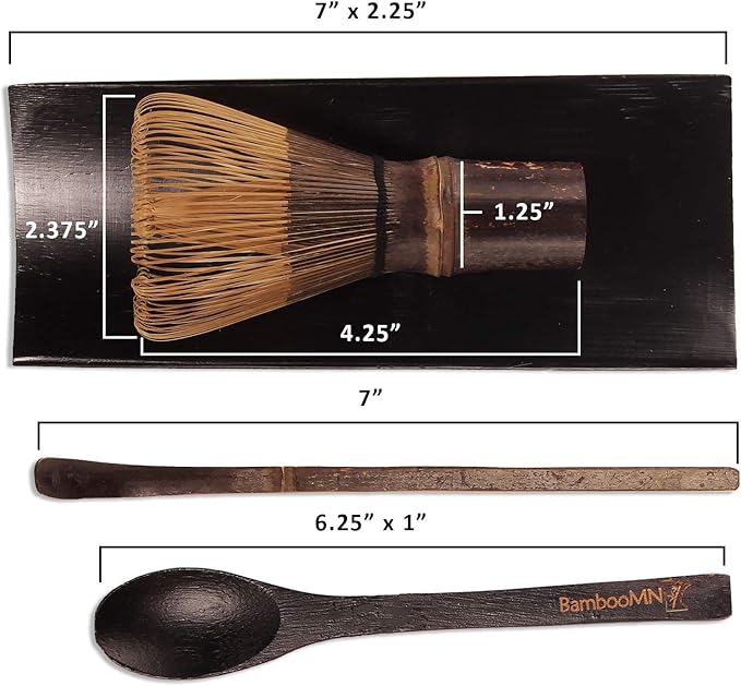 BambooMN Matcha Whisk Set - Chasen (Tea Whisk), Chashaku (Hooked Bamboo Scoop), Tea Spoon - Black
