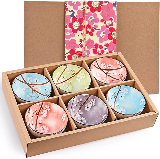 Ceramic Rice Bowls 10 oz, Sakura Bowl Gift Set, Assorted Color Dinnerware Serving Bowls for Rice, Cereal, Noodle, Soup, Desserts, Pack of 6 (Cherry Blossom)