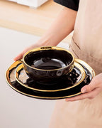 LOVECASA 12 Pieces Plates and Bowls Sets, Porcelain Black and Gold Dinnerware Sets, Round Dinner Plates Dishes Set Service for 4, Dishwasher Safe and Scratch Resistant, Black