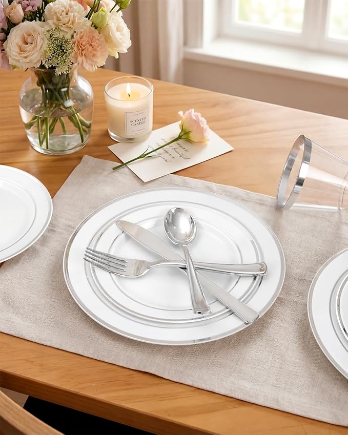 bUCLA 600pcs Silver Plastic Dinnerware Set for 100 Guests - Silver Christmas Dinnerware Set Disposable for Party - Include 100 Dinner Plates,100 Dessert Plates,100Cups,100 Knives,100 Forks,100 Spoons