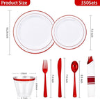 WELLIFE 350 Pcs Red Plastic Plates for 50 Guests - Plastic Dinnerware Set,Valentines Party Supplies Includes 100 Red Plates,150 Silverware,50 Napkins,50 Cups, Valentines Plates