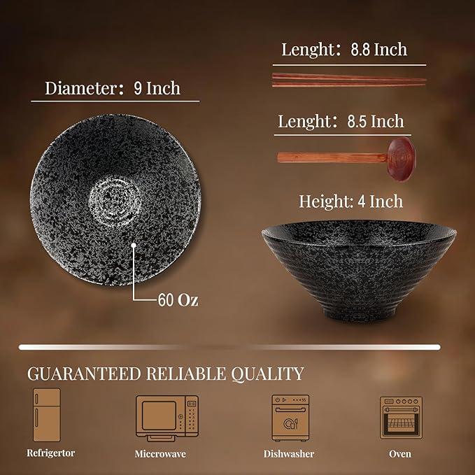 NJCHARMS Ceramic Ramen Bowl Set of 2, 60 oz Japanese Noodle Soup Bowls with Spoons and Chopsticks for Ramen Soup Pho Udon Asian Noodles, Large Noodle Bowls