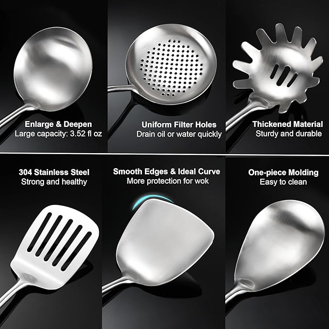 Stainless Steel Kitchen Utensils 12.5"-14" Wooden Handle Metal Cooking Utensils Set 9 PCS, Solid and Slotted Spoon, Fork, Spatula, Ladle, Skimmer, Slotted Tunner, Spaghetti Large Spoon