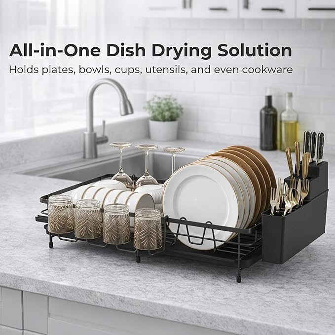 Foldable Dish Drying Rack for Kitchen Counter, Drying Rack Kitchen Counter, Sink Dish Drainer with Plate Holder, Small Kitchen Dish Strainer & Dish Dryer Organizer, Adjustable 13.7"-22.83"