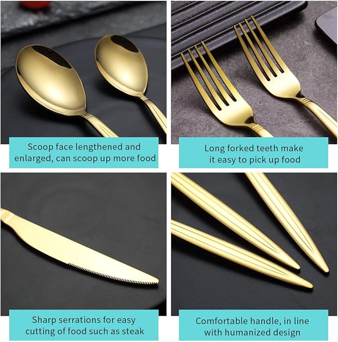 Evanda Gold Silverware Set 60 Piece Service for 12, Titanium Gold Plated Stainless Steel Modern Flatware Set, Knives Forks Spoons Set for Wedding, Parties, Birthday, Restauroom, Dishwasher Safe