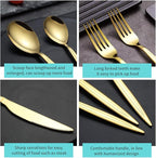 Evanda Gold Silverware Set 60 Piece Service for 12, Titanium Gold Plated Stainless Steel Modern Flatware Set, Knives Forks Spoons Set for Wedding, Parties, Birthday, Restauroom, Dishwasher Safe