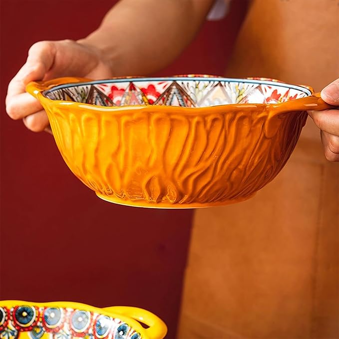 2 Pack Boho Ceramic Serving Bowls with Handles, 40 Oz Porcelain Salad Bowls, Large Serving Dishes for Entertaining, Mixing Bowls for Soup, Stew, Pasta, Cereal, Colorful Embossed Cute Bowls Set MLKS