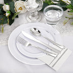 NOCCUR 700PCS Silver Plastic Plates Disposable for 100 Guests - Include 100 Dinner/Dessert White Plastic Plates with Silver Trim,300 Cutlery,100 Cups,100 Napkins for Party&Wedding