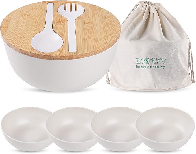 ECOWAY Bamboo Fiber Salad Bowl with Lid,Salad Maxing Bowl with Bamboo Lid and Utensils for Camping,Melamine Salad Bowls with 4 Serving Bowls,Spoon,Fork for Pasta and Fruits,(White,9.8inches)