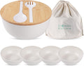 ECOWAY Bamboo Fiber Salad Bowl with Lid,Salad Maxing Bowl with Bamboo Lid and Utensils for Camping,Melamine Salad Bowls with 4 Serving Bowls,Spoon,Fork for Pasta and Fruits,(White,9.8inches)