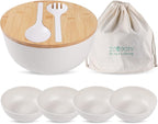 ECOWAY Bamboo Fiber Salad Bowl with Lid,Salad Maxing Bowl with Bamboo Lid and Utensils for Camping,Melamine Salad Bowls with 4 Serving Bowls,Spoon,Fork for Pasta and Fruits,(White,9.8inches)