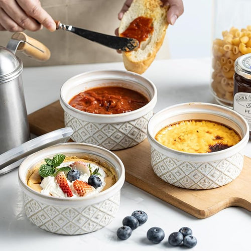 40 Oz Ramekins Ceramic Airtight Bowls Set of 4 - Large Mixing Bowls with Lids Set for Salad, Pho, Soup, Pasta, Dessert, Serving, Oatmeal, Baking Dishes, Dishwasher & Microwave Safe, Beige